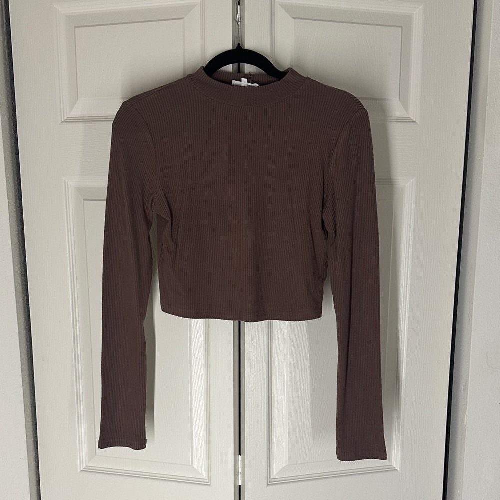 Brown Long Sleeve Ribbed Crop Top